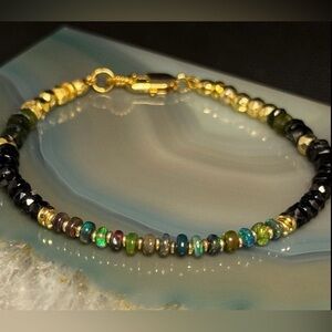 Black Welo Opal, Tourmaline,Pyrite 18kt Gold Vermeil Bracelet